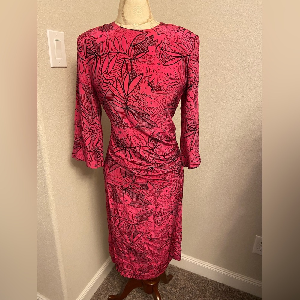 Fuchsia Floral Long Sleeve Ruched Midi Dress